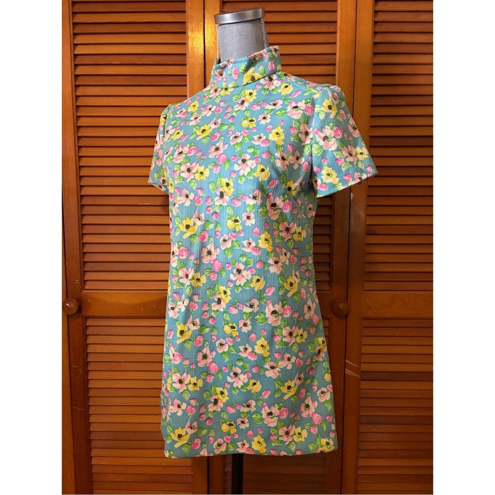 Vintage 60s Handmade Aqua Flower Power Mock Neck Shift Mini Dress